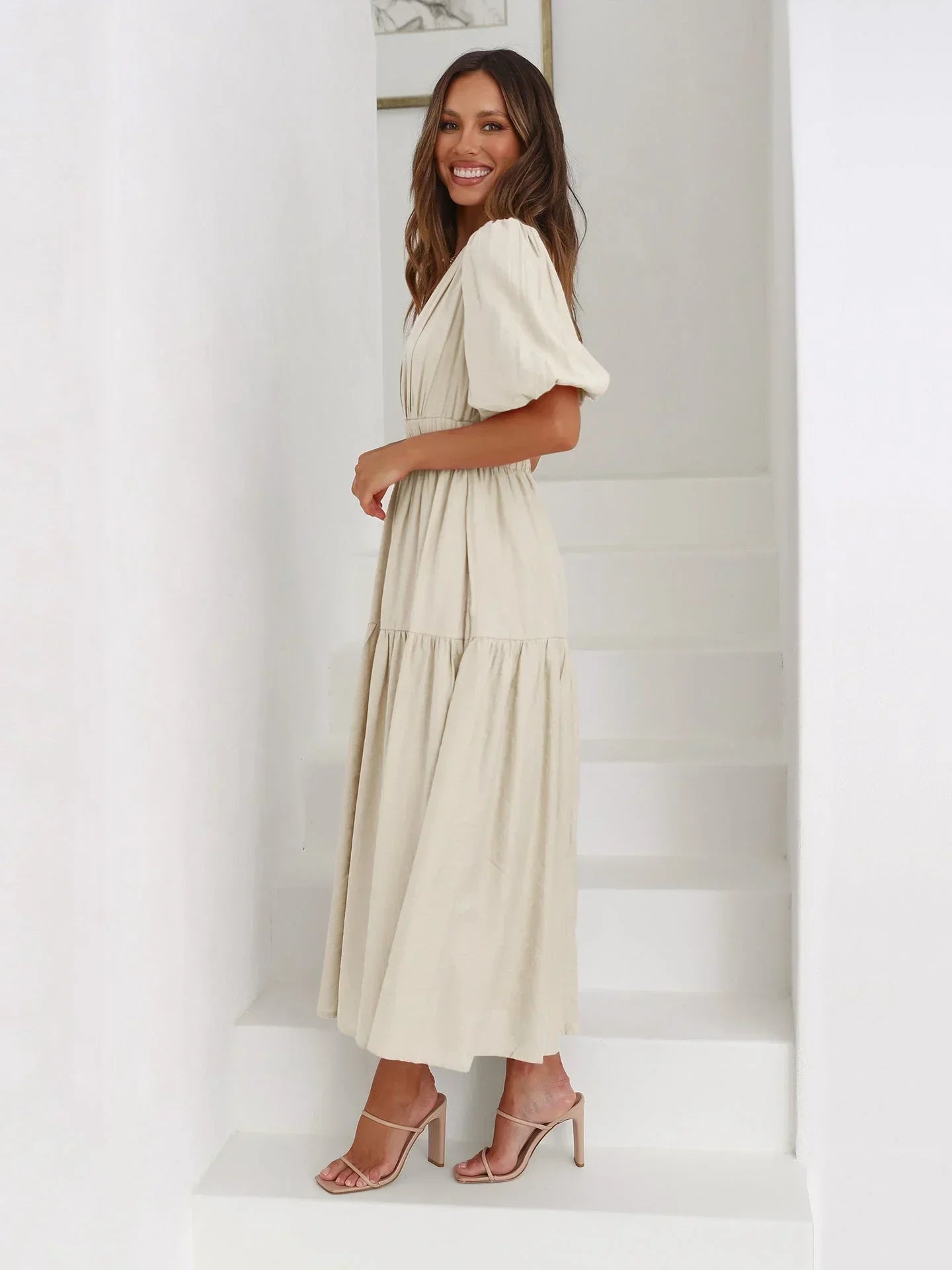 Women's Midi Dress with V-Neck and Short Sleeves
