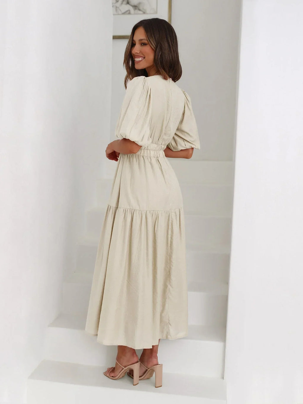 Women's Midi Dress with V-Neck and Short Sleeves