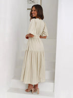Women's Midi Dress with V-Neck and Short Sleeves