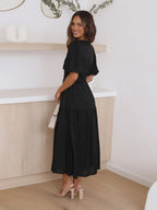 Women's Midi Dress with V-Neck and Short Sleeves