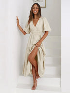 Women's Midi Dress with V-Neck and Short Sleeves