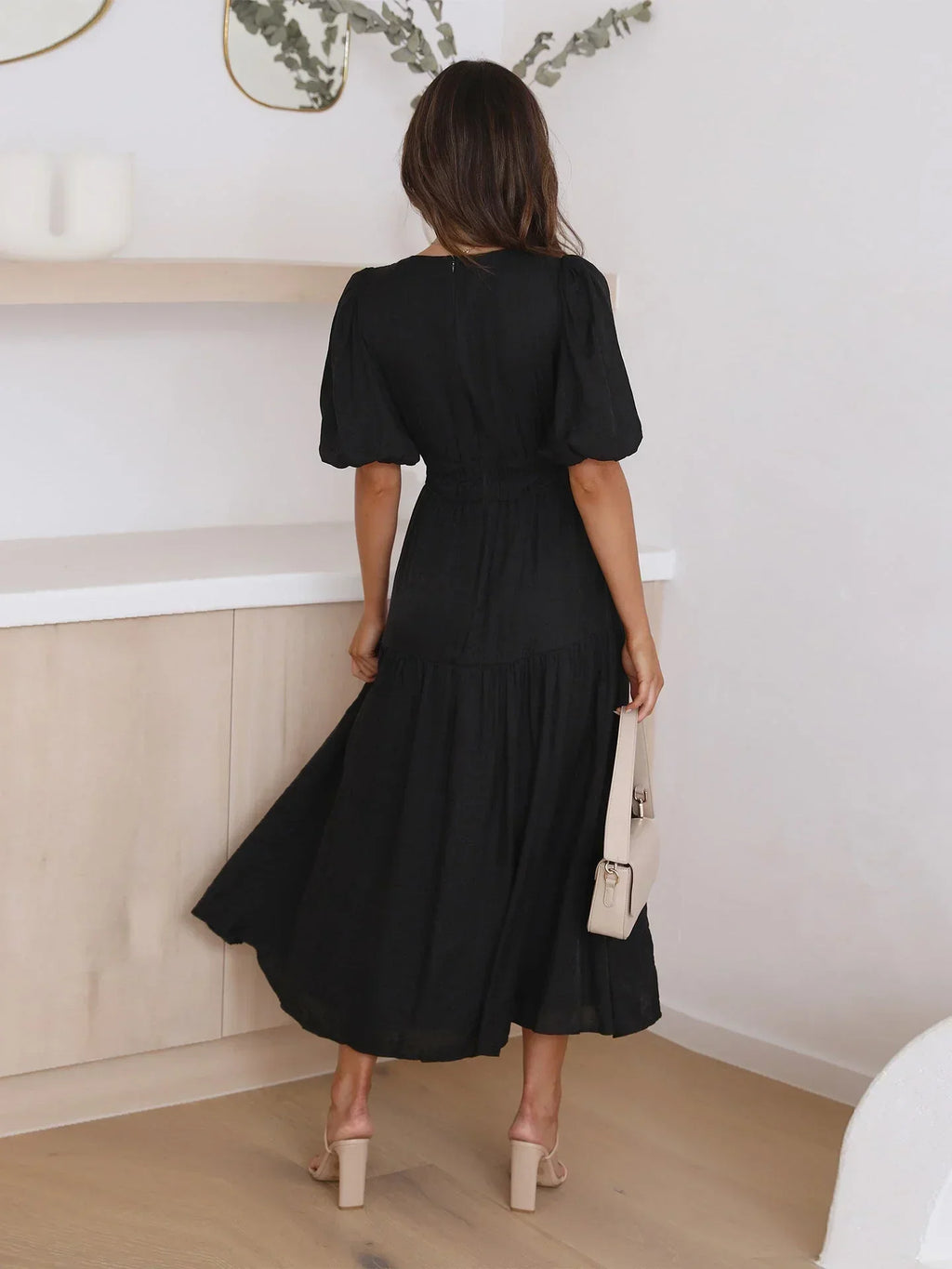 Women's Midi Dress with V-Neck and Short Sleeves