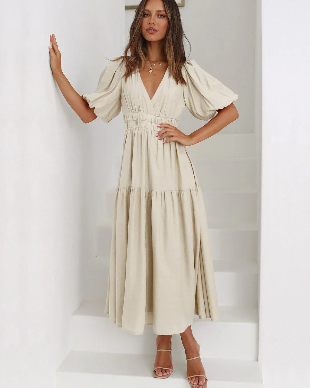 Women's Midi Dress with V-Neck and Short Sleeves