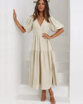 Women's Midi Dress with V-Neck and Short Sleeves