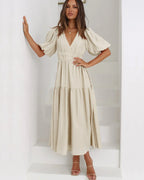 Women's Midi Dress with V-Neck and Short Sleeves