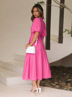 Women's Midi Dress with V-Neck and Short Sleeves