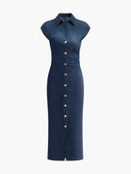 Navy Blue Buttoned Midi Denim Dress with V-Neck and Sleeveless Design for Office Summer
