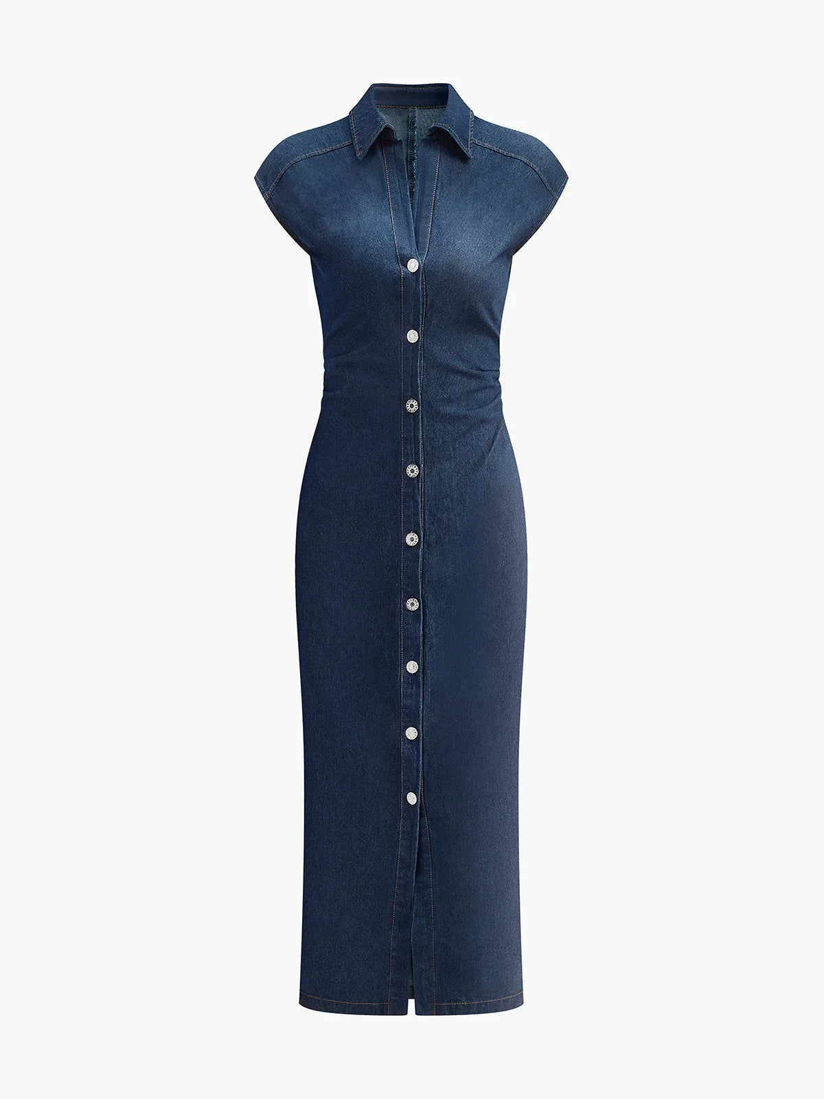 Navy Blue Buttoned Midi Denim Dress with V-Neck and Sleeveless Design for Office Summer