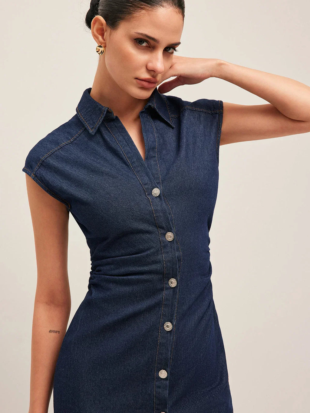 Navy Blue Buttoned Midi Denim Dress with V-Neck and Sleeveless Design for Office Summer