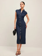 Navy Blue Buttoned Midi Denim Dress with V-Neck and Sleeveless Design for Office Summer