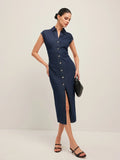 Navy Blue Buttoned Midi Denim Dress with V-Neck and Sleeveless Design for Office Summer