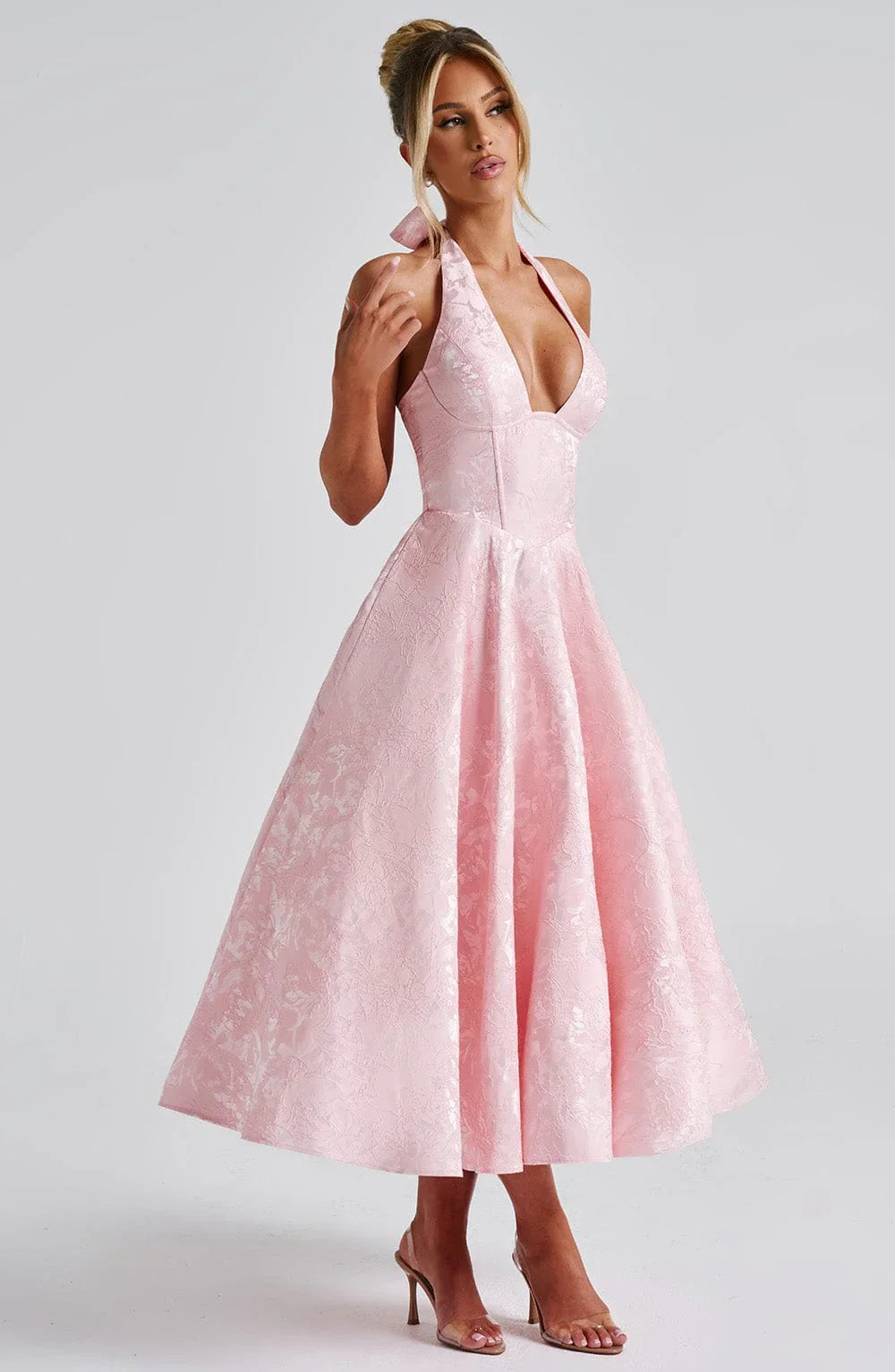 Mid-length Women's Dress with Open Back and Flared Skirt