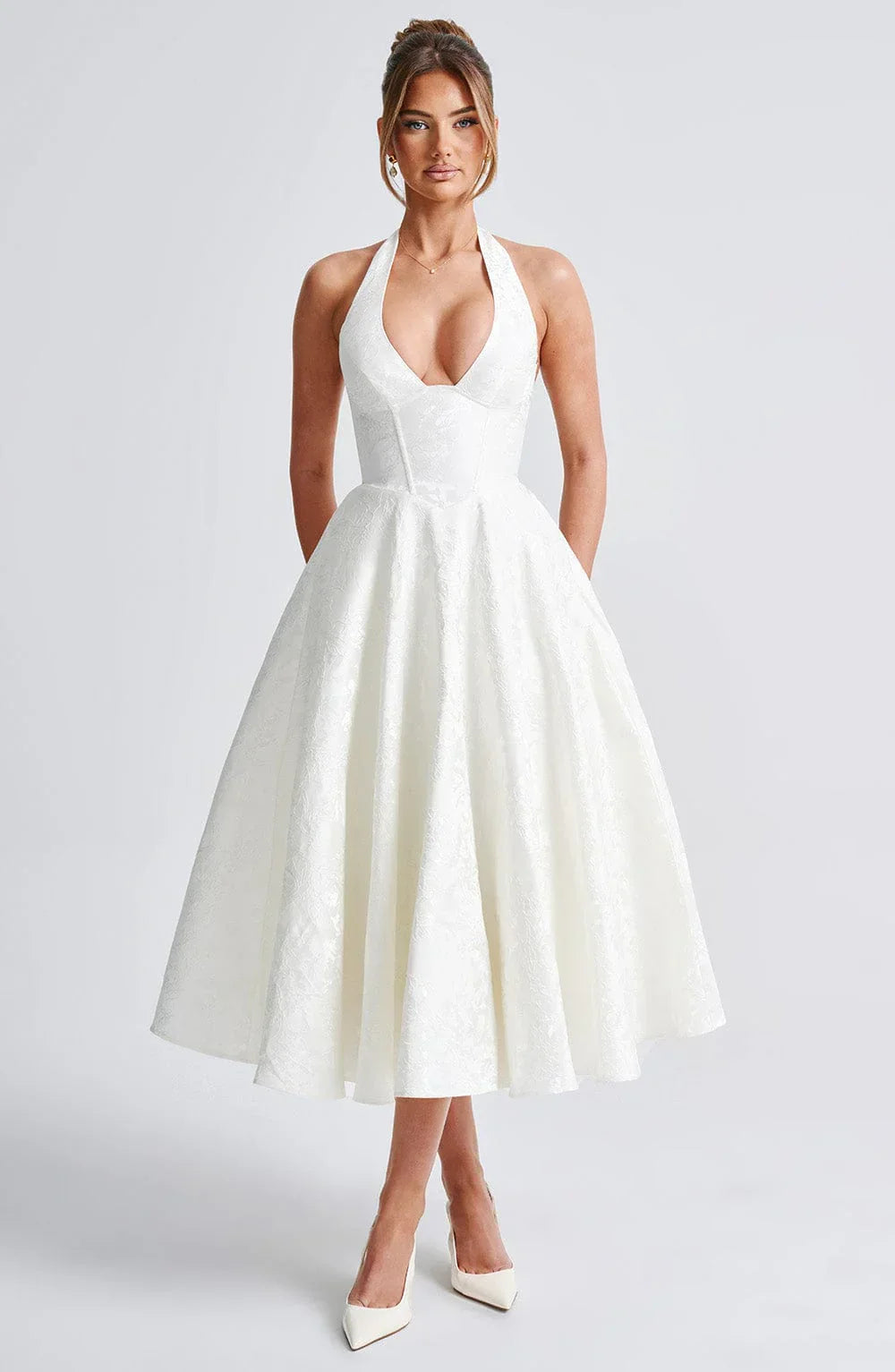 Mid-length Women's Dress with Open Back and Flared Skirt