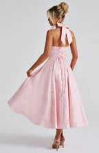 Mid-length Women's Dress with Open Back and Flared Skirt