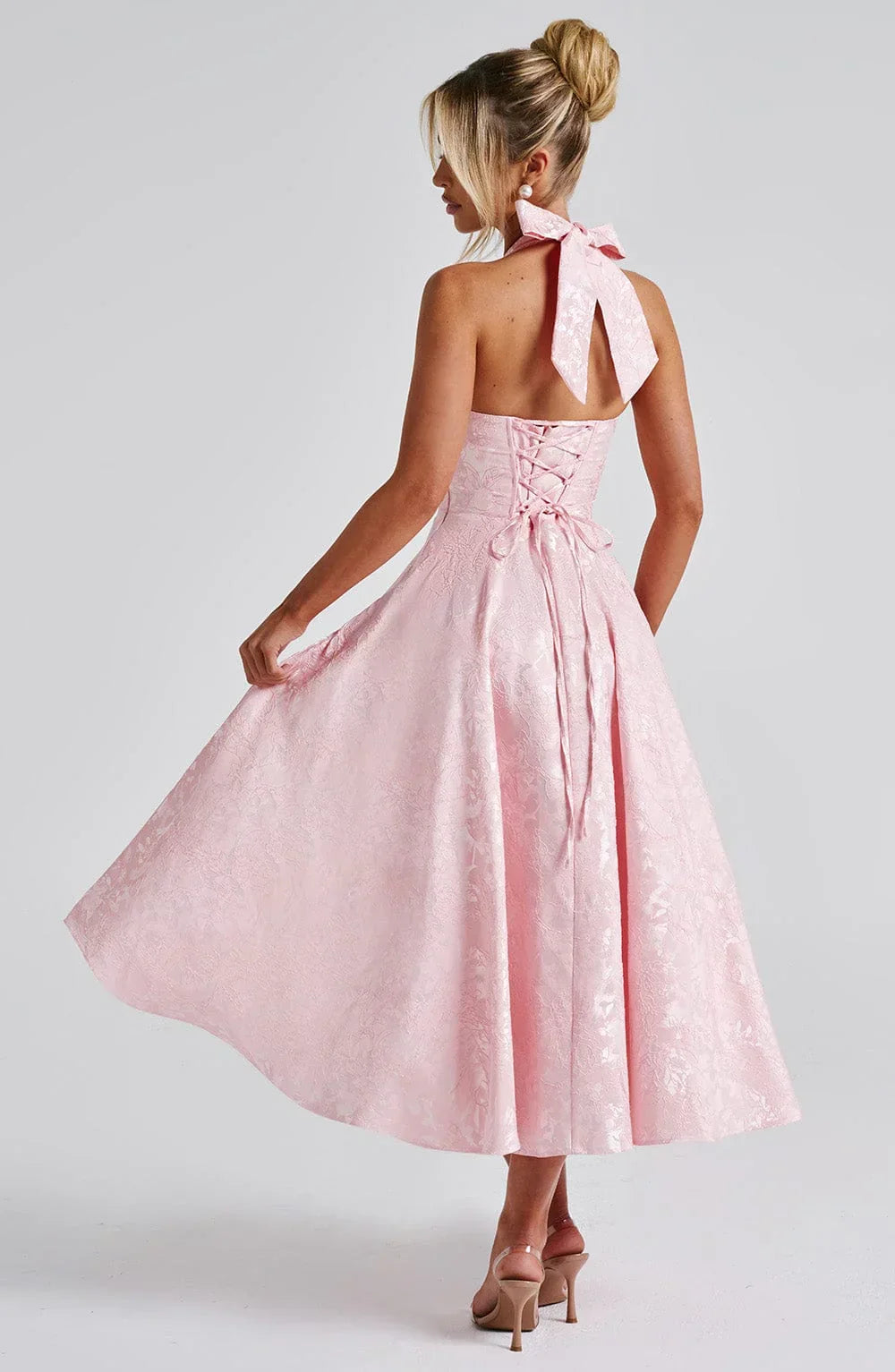 Mid-length Women's Dress with Open Back and Flared Skirt