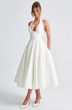 Mid-length Women's Dress with Open Back and Flared Skirt