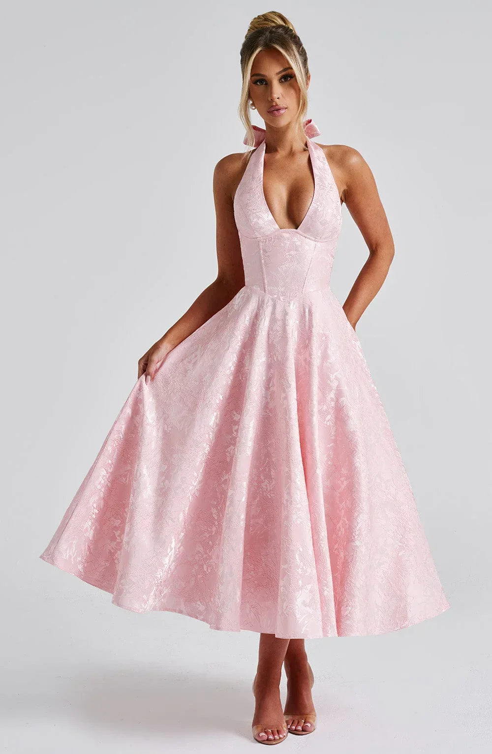 Mid-length Women's Dress with Open Back and Flared Skirt
