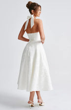 Mid-length Women's Dress with Open Back and Flared Skirt