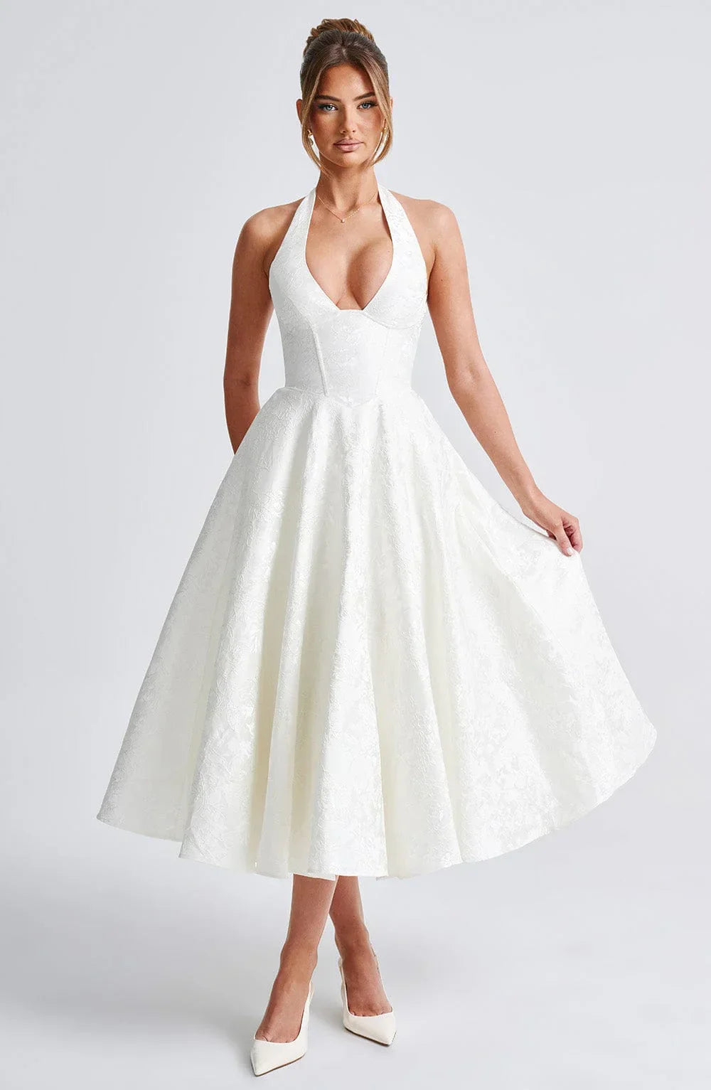 Mid-length Women's Dress with Open Back and Flared Skirt