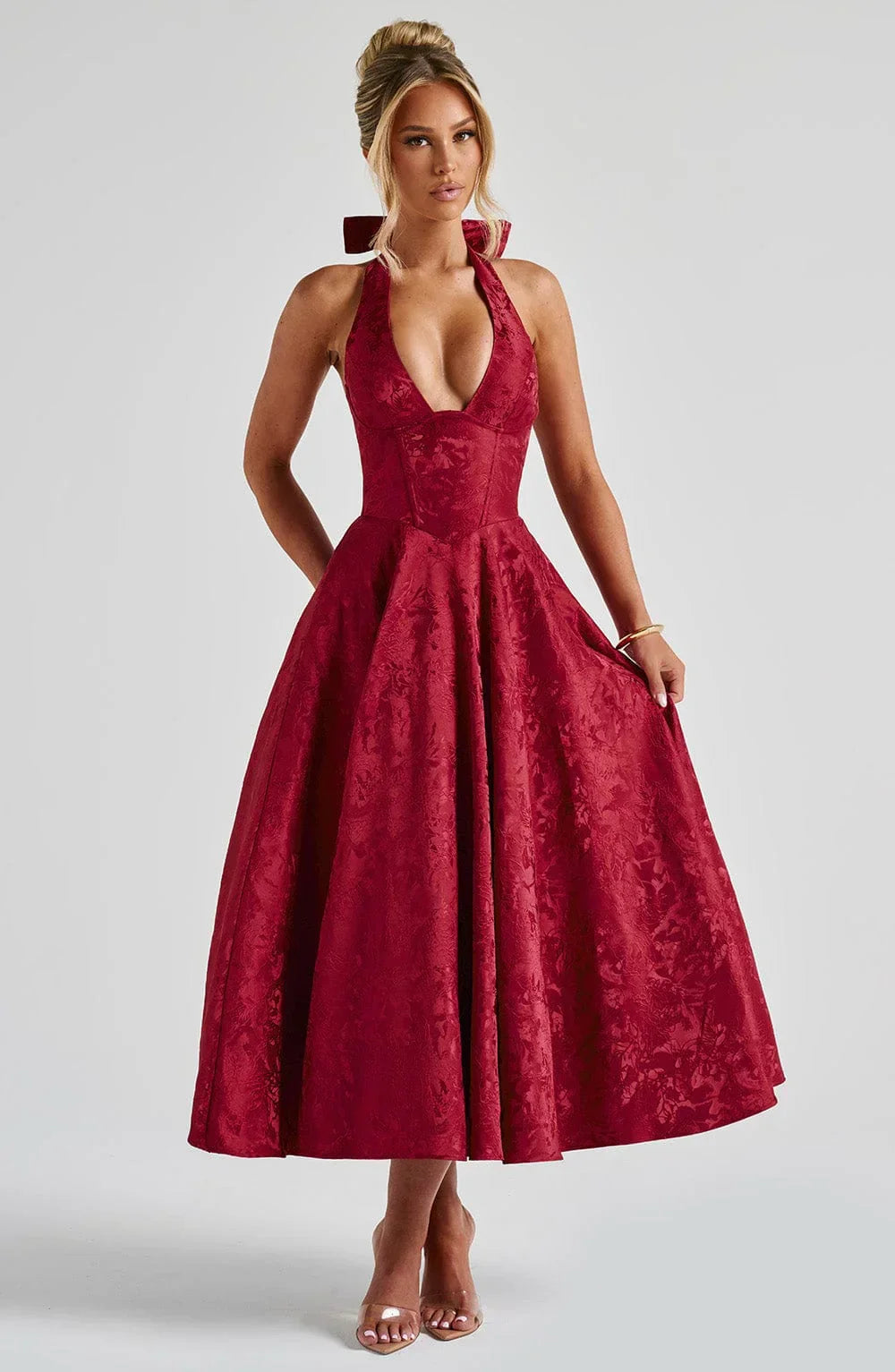Mid-length Women's Dress with Open Back and Flared Skirt