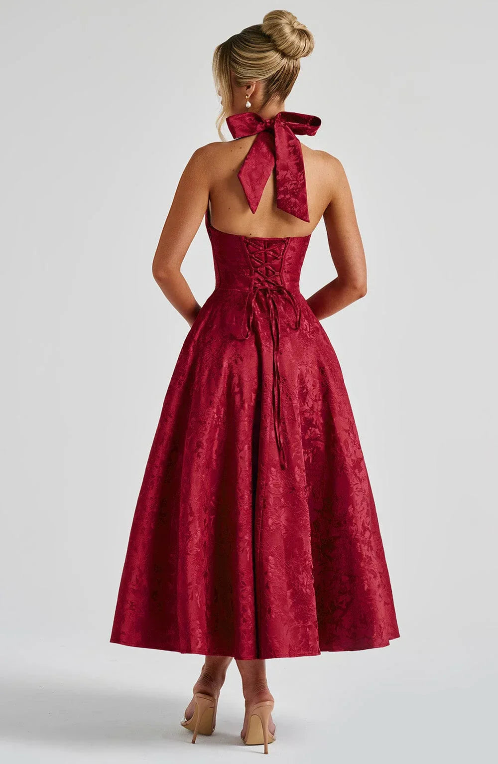 Mid-length Women's Dress with Open Back and Flared Skirt