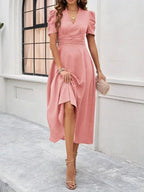 Women's Midi Dress with V-Neck and Puff Sleeves