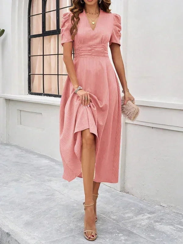 Women's Midi Dress with V-Neck and Puff Sleeves