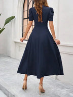 Women's Midi Dress with V-Neck and Puff Sleeves