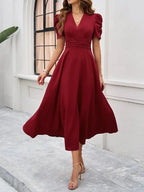Women's Midi Dress with V-Neck and Puff Sleeves