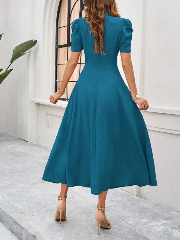 Women's Midi Dress with V-Neck and Puff Sleeves