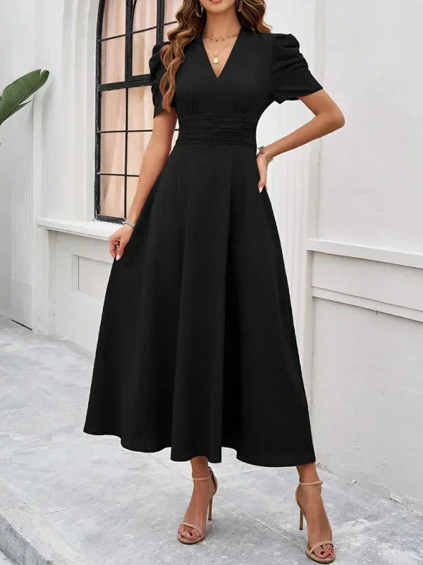 Women's Midi Dress with V-Neck and Puff Sleeves