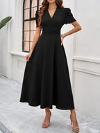 Women's Midi Dress with V-Neck and Puff Sleeves