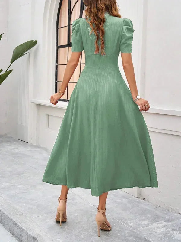 Women's Midi Dress with V-Neck and Puff Sleeves
