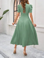 Women's Midi Dress with V-Neck and Puff Sleeves