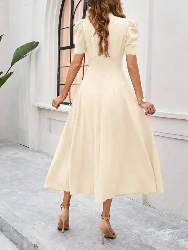 Women's Midi Dress with V-Neck and Puff Sleeves