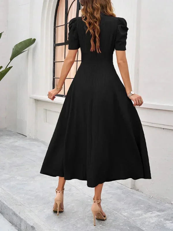 Women's Midi Dress with V-Neck and Puff Sleeves