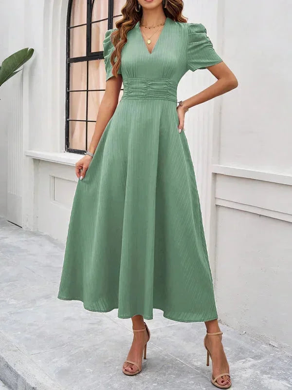 Women's Midi Dress with V-Neck and Puff Sleeves