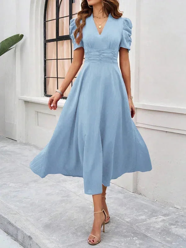Women's Midi Dress with V-Neck and Puff Sleeves
