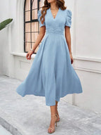 Women's Midi Dress with V-Neck and Puff Sleeves