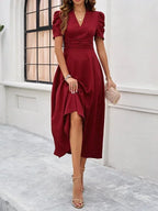 Women's Midi Dress with V-Neck and Puff Sleeves