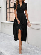 Women's Midi Dress with V-Neck and Puff Sleeves