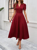 Women's Midi Dress with V-Neck and Puff Sleeves