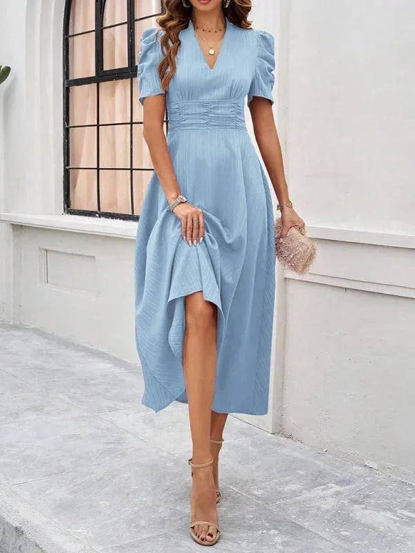 Women's Midi Dress with V-Neck and Puff Sleeves