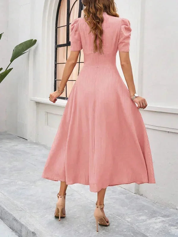 Women's Midi Dress with V-Neck and Puff Sleeves