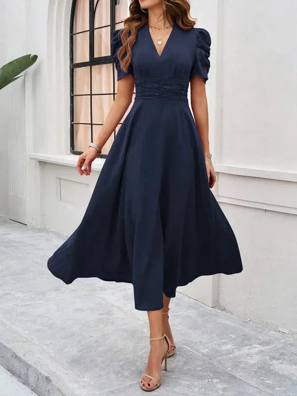 Women's Midi Dress with V-Neck and Puff Sleeves