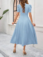 Women's Midi Dress with V-Neck and Puff Sleeves