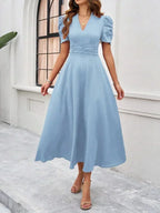 Women's Midi Dress with V-Neck and Puff Sleeves