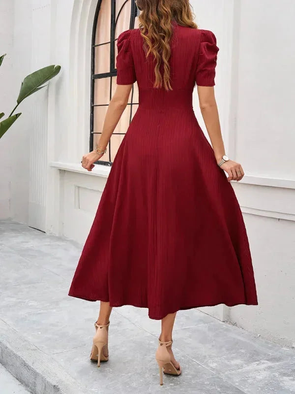 Women's Midi Dress with V-Neck and Puff Sleeves