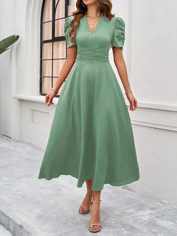 Women's Midi Dress with V-Neck and Puff Sleeves