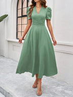 Women's Midi Dress with V-Neck and Puff Sleeves